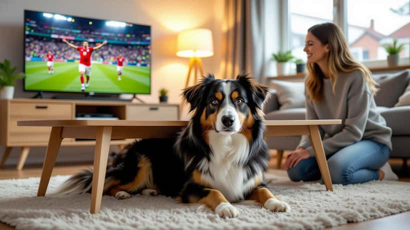Stresset hund gemmer sig under sofabord under VM 2026-fejring i stue