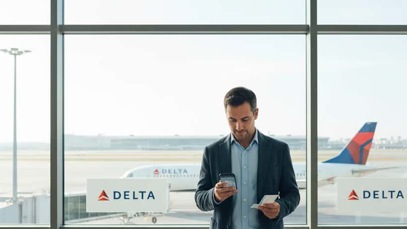 Passageiro português verifica bilhete no Aeroporto do Porto com nova rota Delta Air Lines para Nova Iorque