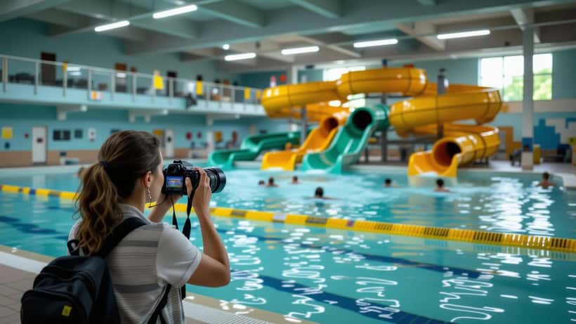 Bezoeker fotografeert troebel zwembadwater bij indoor zwemparadijs in België