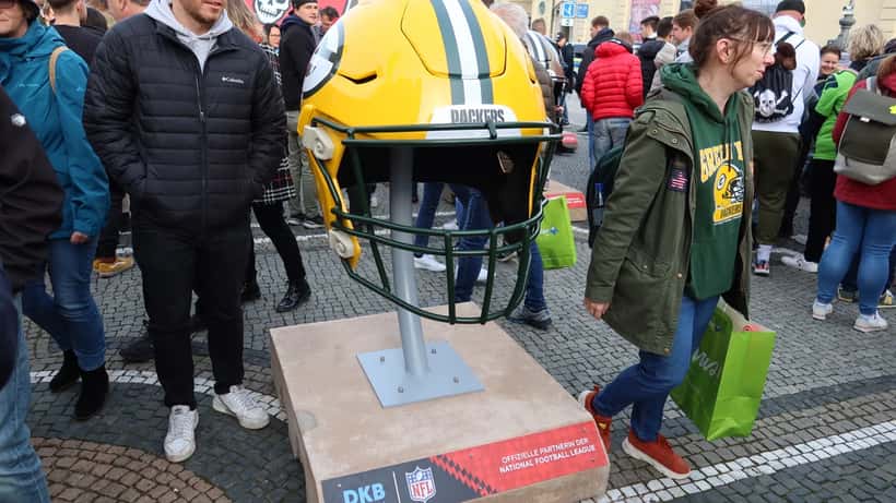 Giant Green Bay Packers helmet displayed at Munich NFL Game 2022 event
