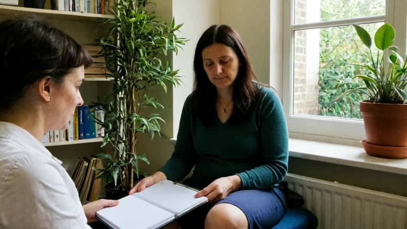 Female therapist listening attentively in a private counselling room with natural window light