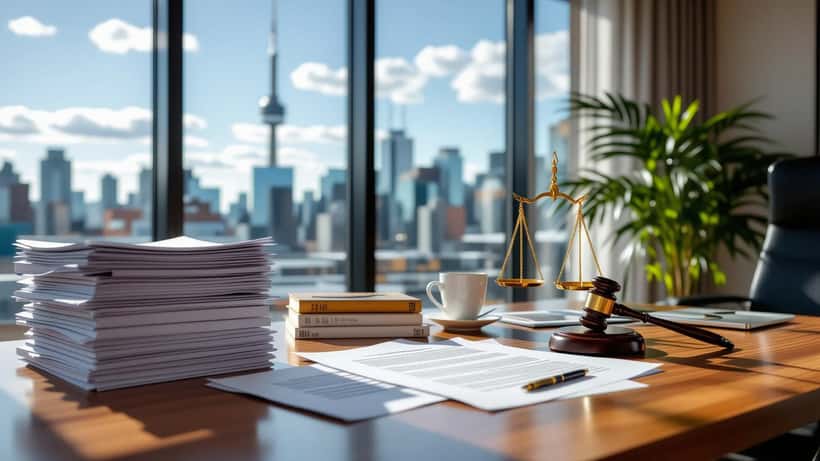 Entertainment lawyer reviewing copyright documents in a Canadian law office