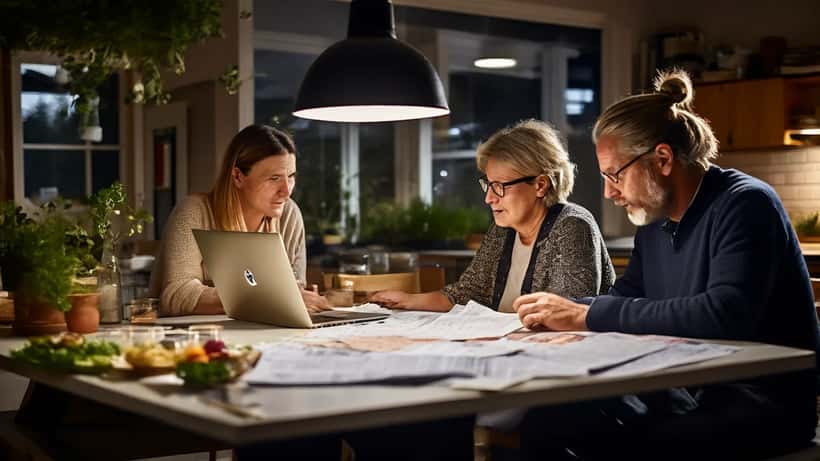 Svenskt hushåll granskar elräkningar vid köksbord med laptop som visar prisgraf