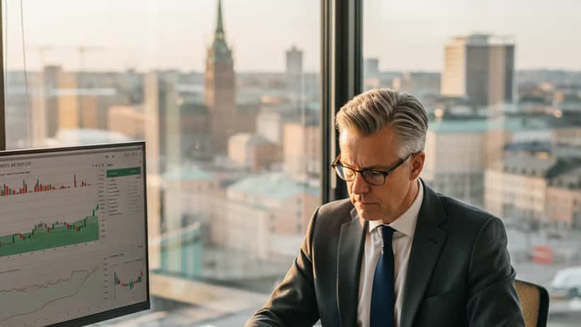Finansiell rådgivare i Stockholm granskar Volvo AB:s årsrapport vid ett glasskrivbord med stadsutsikt