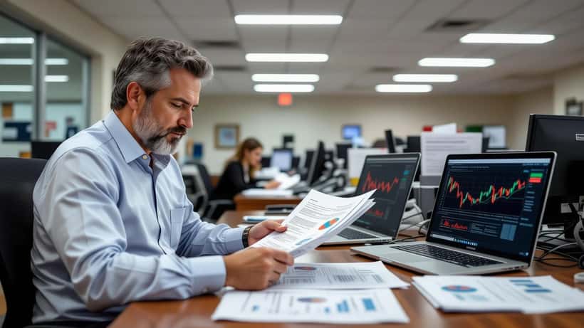 Investidor brasileiro analisando documentos financeiros em agência bancária com gráficos em queda no computador