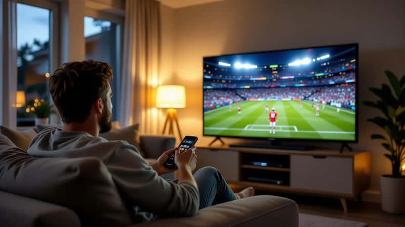 Person schaut zuhause auf einen großen Flachbildfernseher — Streaming-Alternative zum Kabelfernsehen für WM 2026