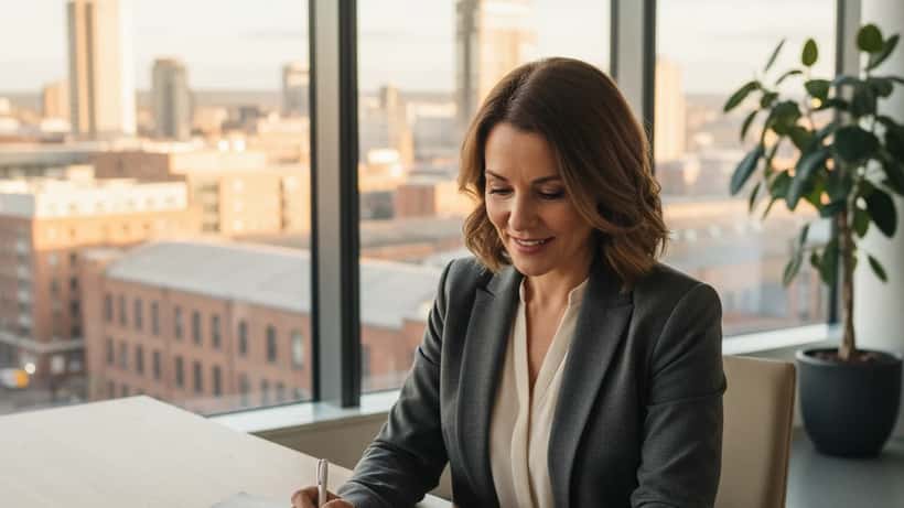 British female wealth manager reviewing energy bill documents in Manchester office