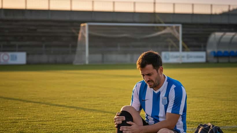 Jogador de futebol amador português sentado no banco com uma lesão no joelho, campo de futebol ao fundo