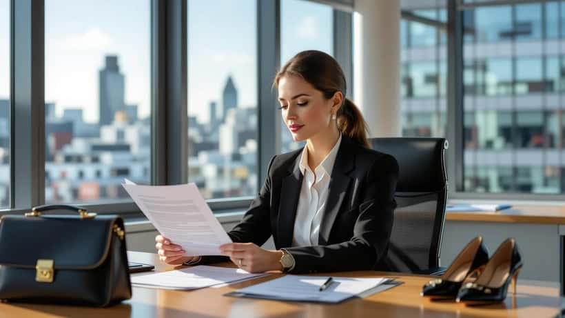 Woman reviewing employment contract documents at a London desk with dance shoes visible beside her briefcase