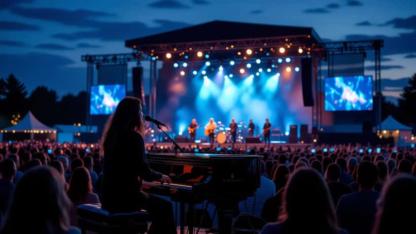 Solo singer-songwriter at a piano on a brightly lit outdoor festival stage before a large night crowd in Quebec City