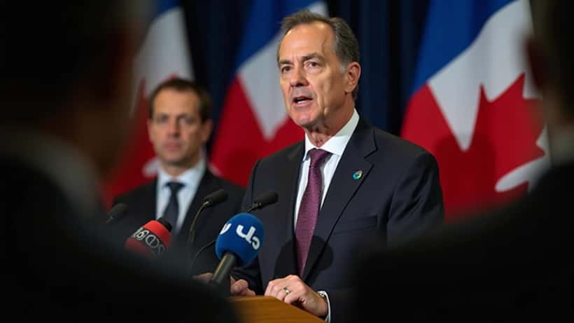 Conférence de presse politique à Montréal avec drapeaux québécois et canadien