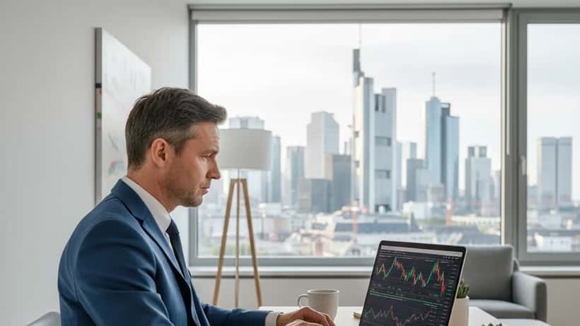 Ein Privatanleger in Frankfurt analysiert die DAX-Kursentwicklung auf seinem Laptop