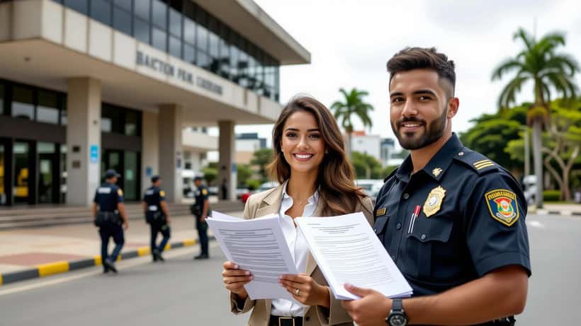 Candidato segurando documentos do edital PMPE 2026 na entrada de prédio governamental em Recife