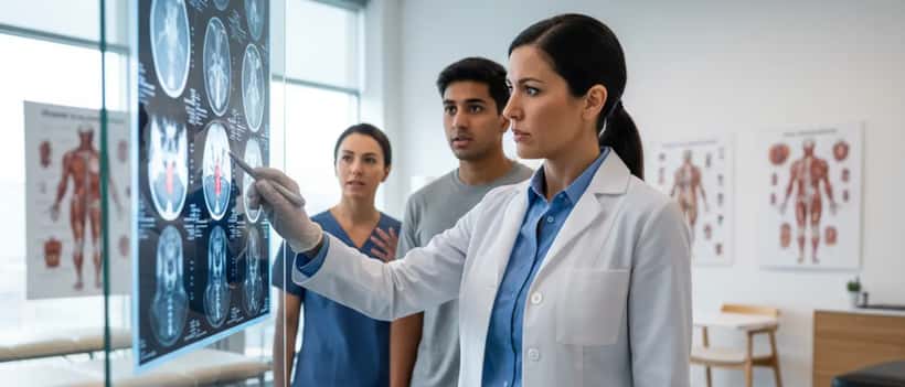American sports medicine physician reviewing a spinal MRI scan in a modern clinic