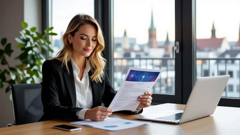 Berufstätige Frau in modernem Münchner Büro vergleicht Horoskop-Sternkarte mit Stellenangebot auf dem Schreibtisch