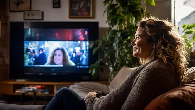 Vrouw kijkt emotioneel naar datingshow op televisie in haar woonkamer in Amsterdam