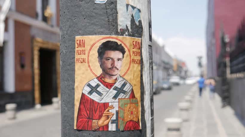 Street art mural of Pedro Pascal near cathedral in Puebla
