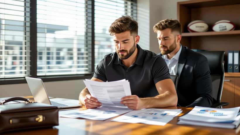 Young athlete reviewing financial documents with wealth manager in a Sydney office