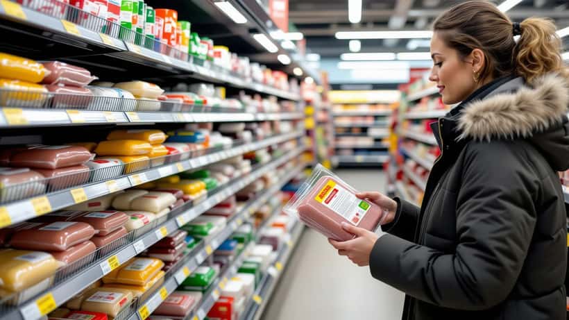 Kunde læser varedeklarationen på en pakke grillpølser i køledisken i et dansk supermarked