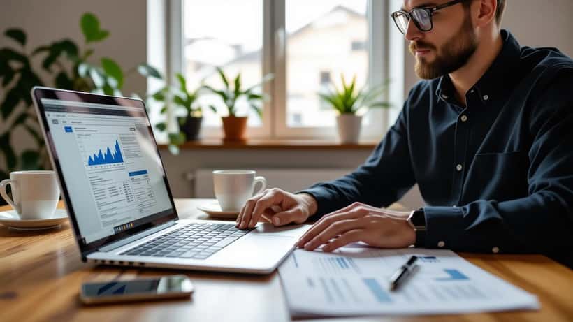 Norsk arbeidstaker gjennomgår skattemelding 2026 på laptop med lønnslipp og fagforeningskort på bordet