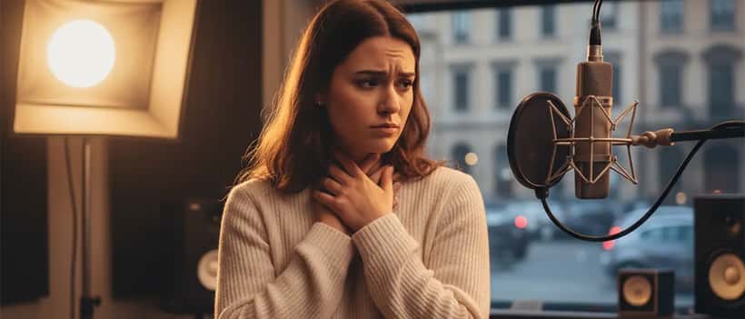 Una giovane cantante italiana in uno studio di registrazione che tocca delicatamente la gola con espressione pensierosa