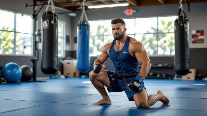 Martial artist in MMA gym holding injured shoulder after training in Sydney Australia