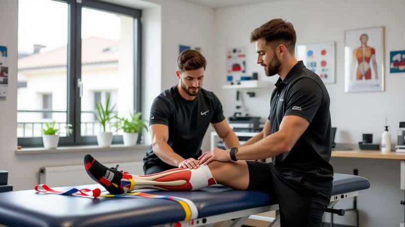 Fisioterapeuta a tratar joelho de atleta numa clínica de medicina desportiva em Lisboa