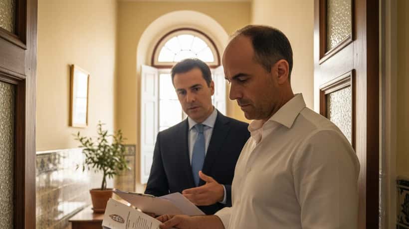 Homem a receber documentos judiciais de um Oficial de Justiça na porta de casa em Lisboa