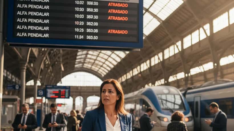 Passageira consulta bilhete CP com comboio atrasado na estação de Lisboa 2026