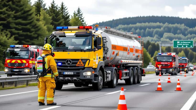 Feuerwehrmann in Schutzanzug untersucht Gefahrgut-LKW auf der A8 bei Wiesensteig