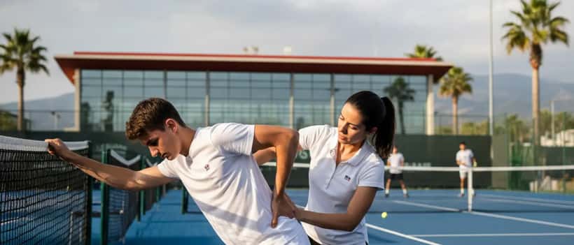 Jeune joueur de tennis examiné par un physiothérapeute sur un court, médecine du sport