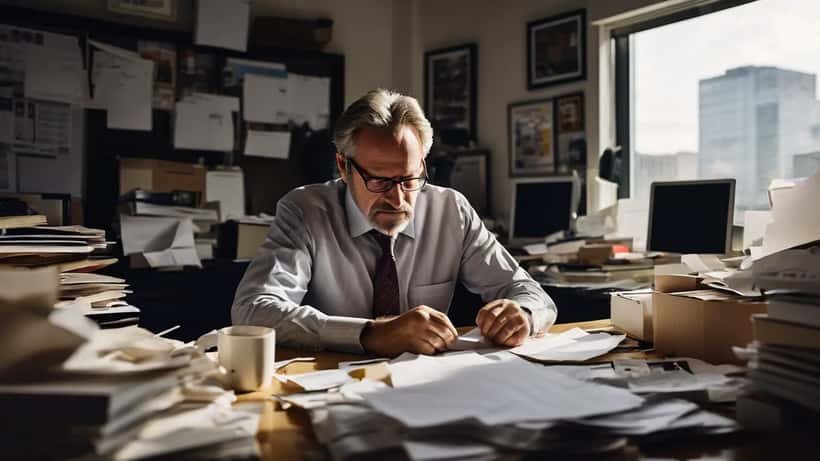 Executive sitting at office desk holding termination letter with packed cardboard box beside him