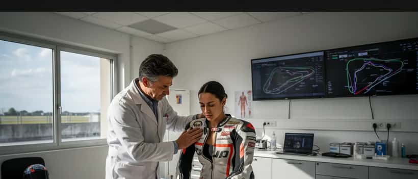 Medico sportivo italiano visita un pilota di moto in uno studio medico al circuito