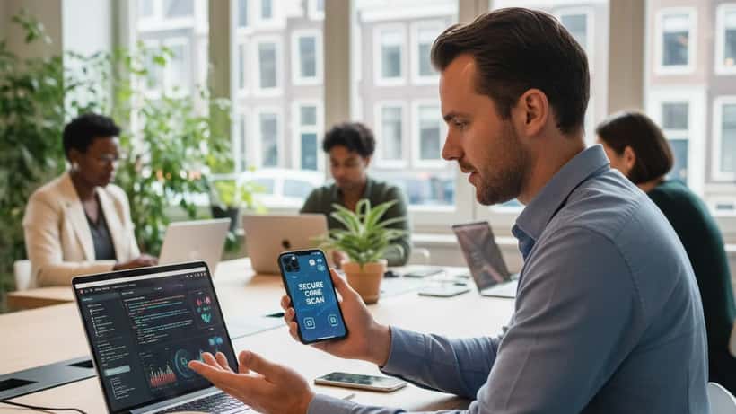 Dutch IT specialist reviewing iPhone security settings at Amsterdam co-working space