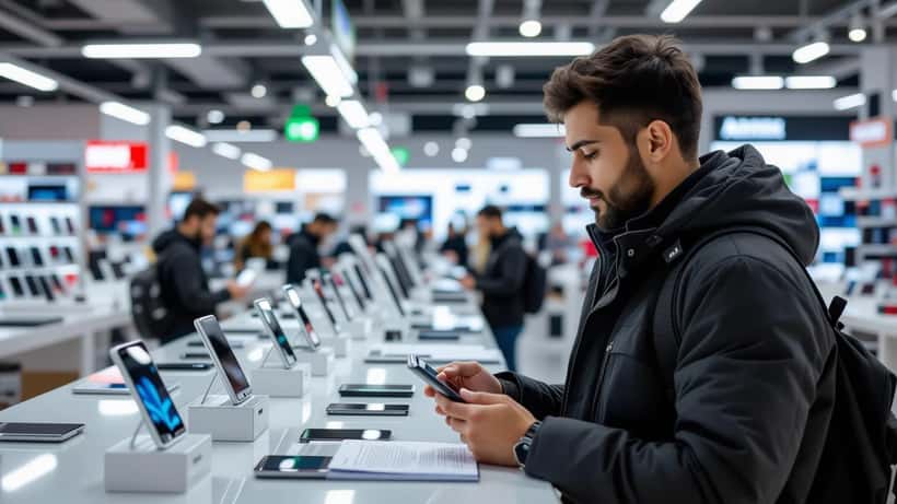 Hombre revisando documentos de garantía de un teléfono inteligente en una tienda de electrónica