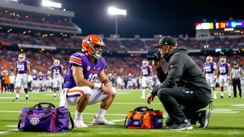 Sports medicine physician evaluating a college football player on the sideline during a night game