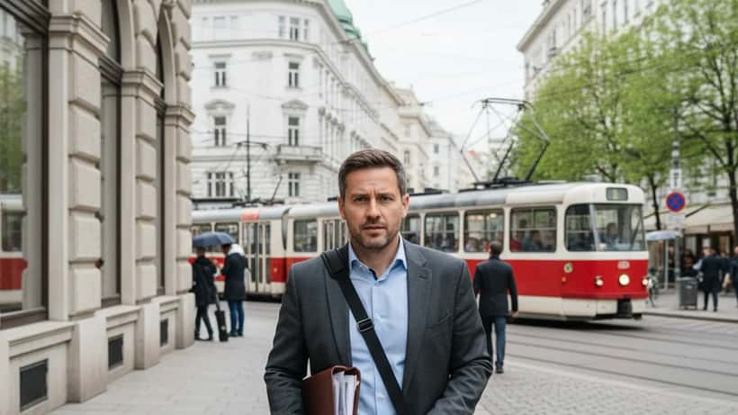 Österreichischer Mann verlässt ein Vorstellungsgespräch in Wien mit Bewerbungsunterlagen