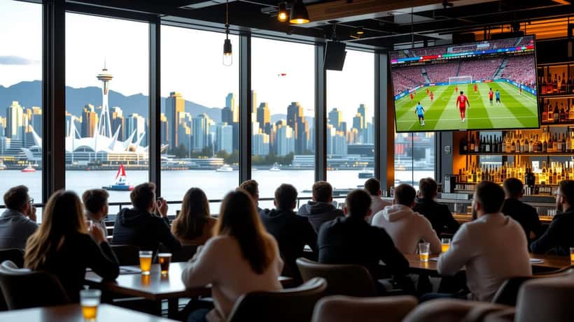 Canadian soccer fans watching a FIFA World Cup 2026 match in a sports bar