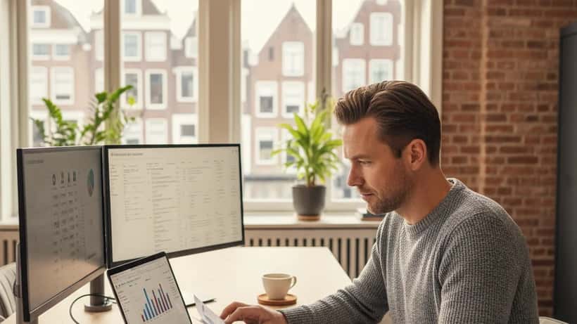 Nederlandse man bekijkt energierekening en financieel dashboard thuis in Rotterdam