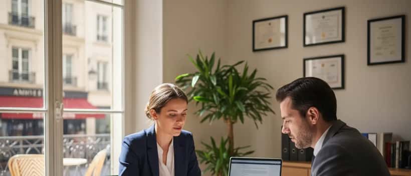 Avocat consultant un client dans un bureau professionnel lumineux avec des documents sur la table