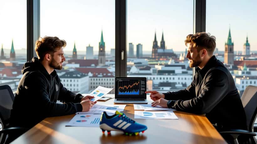 Junger Profifußballer und Vermögensberater besprechen Investmentplan in modernem Münchner Büro