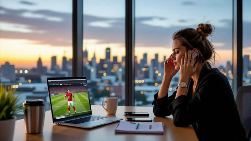 Exhausted Australian worker at office desk after late-night football match, laptop showing match score, coffee thermos on desk, dawn light through office windows