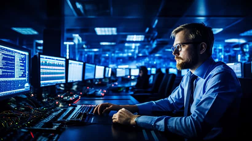 IT-tietoturva-asiantuntija seuraa verkkohyökkäystä palvelinsalissa Helsingissä