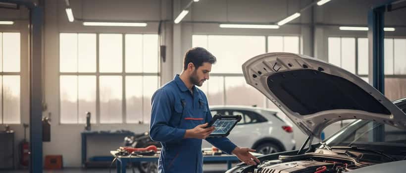 Mecânico português com fato azul a inspecionar veículo elétrico em garagem profissional