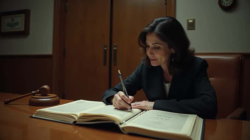 Advogada brasileira analisando processo criminal com documentos jurídicos em escritório de tribunal