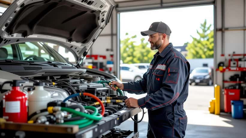 Mechanic connecting refrigerant gauge set to car air conditioning system in Ontario auto repair shop during summer heat