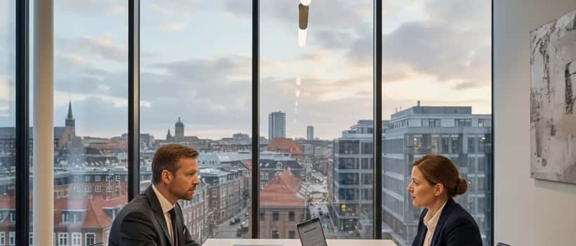 Dansk erhvervsmand i møde med en advokat om selskabsret og direktøransvar