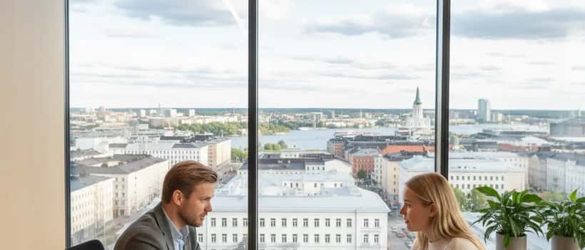 Suomalainen varainhoitaja keskustelee asiakkaan kanssa sijoitussuunnitelmasta Helsingissä