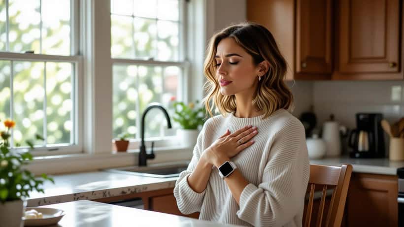 Young woman with smartwatch standing up from chair experiencing POTS dizziness
