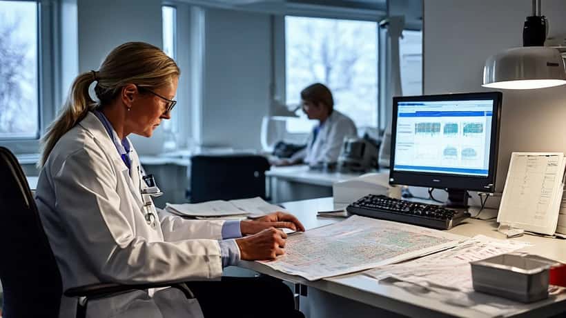 Idrottsläkare i konsultationsrum granskar medicinska data och skaderapporter